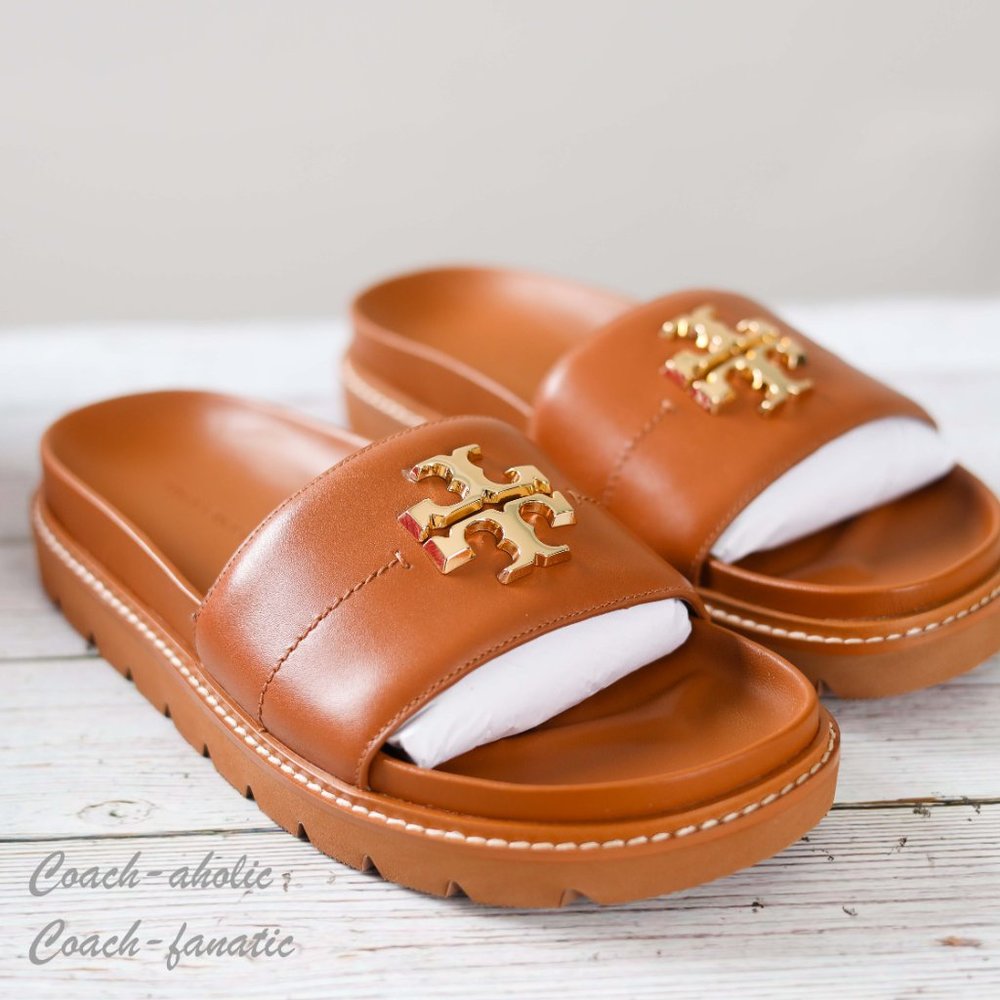 NIB Tory Burch Everly Anatomic Lug Nappa Leather Slide Sandal in Bourbon - Picture 4 of 9